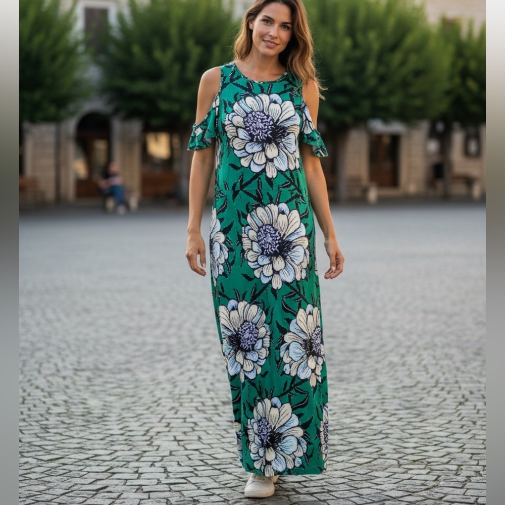 Vintage Green Large Floral Maxi Dress Yellow White Halter Cold Shoulder Luau
